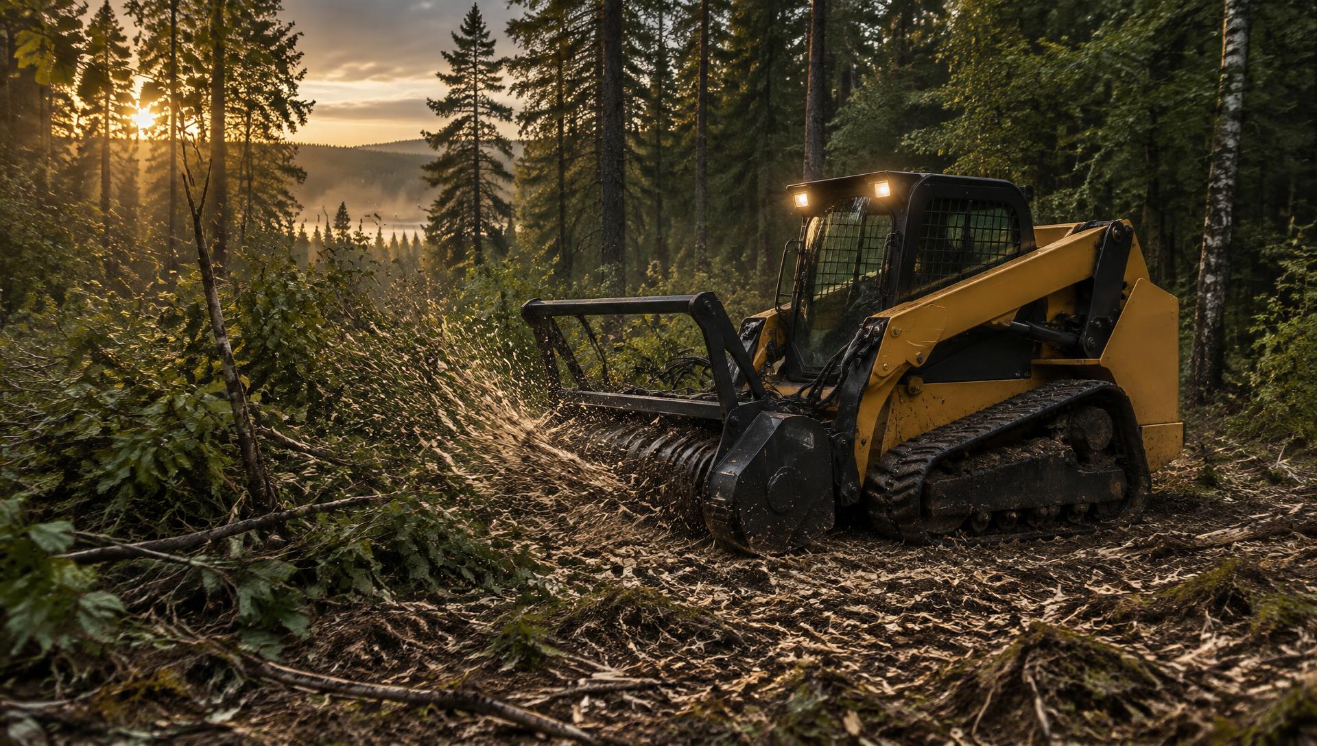 Forestry mulcher on a freshly cleared trail in a Northern Wisconsin pine forest